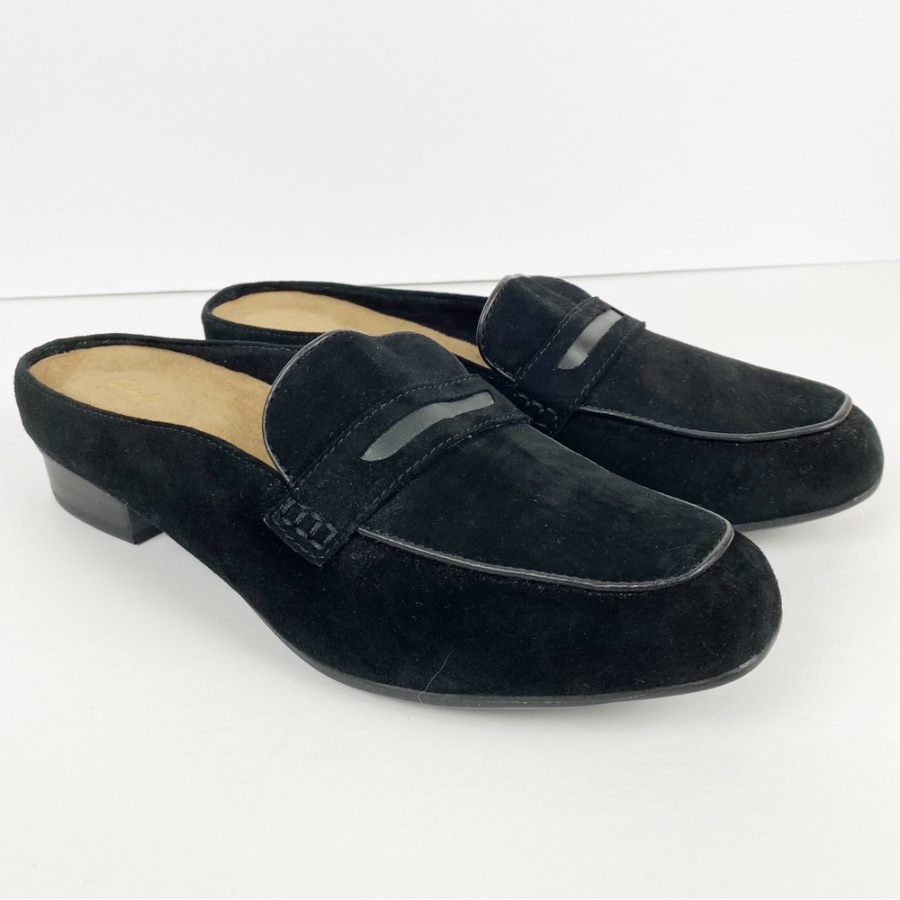 Clarks Black Suede Slip-On Mules